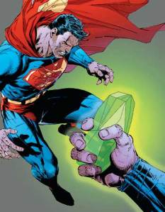 Superhero Superman incapactitated by glowing green Kryptonite